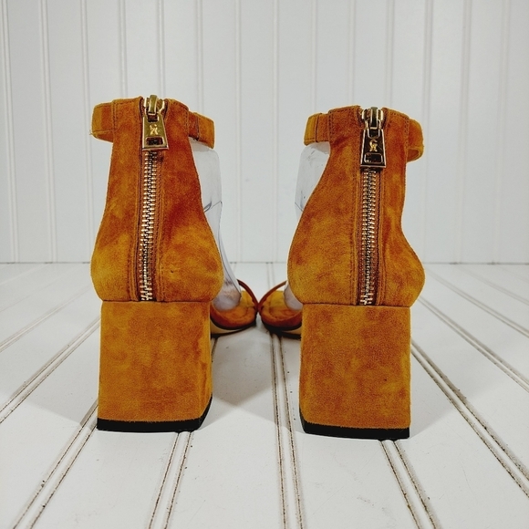 NEW Good American Amber Brown Suede Back Zip Square Toe Block Heel Sandals I417 - Picture 6 of 11